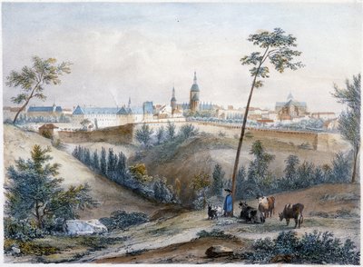Bouvier på det bretonske landskapet (Dinan i det fjerne) - litografi av Jacottet og Benoist av Louis Julien Jacottet