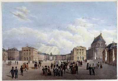 Hovedgårdsplassen til slottet i Versailles - i ""Walk in Paris og dens omgivelser"", designet av Jacottet og Benoist, ca. 1840 av Louis Julien Jacottet