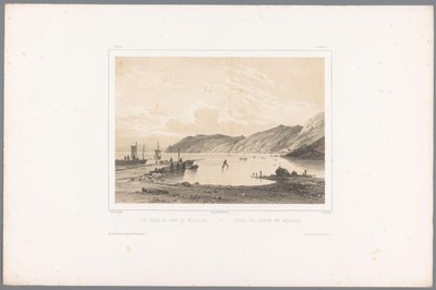 Utsikt over havnen i Mölle Vue prize du Port de Mólleleie / Udsigt fra Havnen ved Mólleleie (tittel på objekt) Faces in Scandinavia (serietittel) Vues du Nord. Semsket skinn (serietittel) av Louis Julien Jacottet
