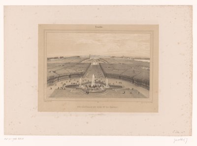 Utsikt over hagene i Versailles Vue generale du Parc et du Château (tittel på objekt) Ansikter i og rundt Paris (serietittel) Versailles (serietittel på objekt) av Louis Julien Jacottet