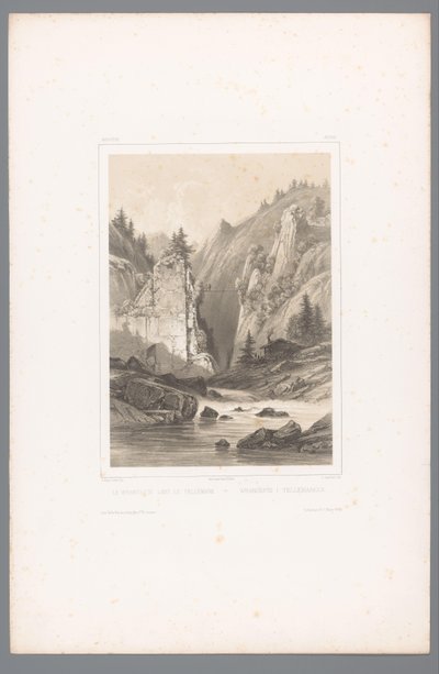 Utsikt over en bro over en steinkløft i Telemark Le Wrangefos dans le Tellemark / Wrangefòs i Tellemarken (tittel på objekt) Utsikt i Skandinavia (serietittel) Vues du Nord. Norvege (serietittel) av Louis Julien Jacottet