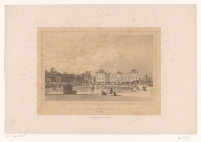 Utsikt over Luxembourg-palasset fra Jardin du Luxembourg Palais du Luxembourg, Côté du Jardin (tittel på objekt) Gezichten in en om Parijs (serietittel) Paris (serietittel på objekt) av Louis Julien Jacottet