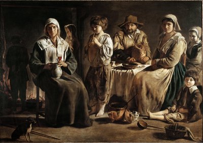 En familie av bønder i et interiør - olje på lerret av Louis le Nain