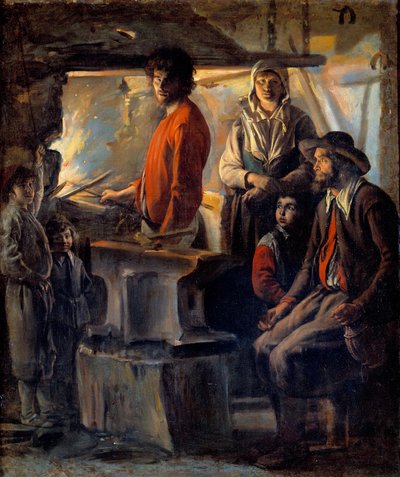 Smeden eller marekalen i smia hans. Marechal-jernet og hans familie, ved siden av ham en ambolt. Maleri av Ludvig den Nain (1593-1648) 1600-tallets søn. 0,69x0,57 m av Louis le Nain