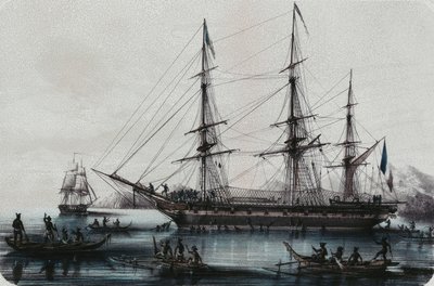 Astrolabben og Zelee, ankomst til Noukahiva, av Louis Le Breton