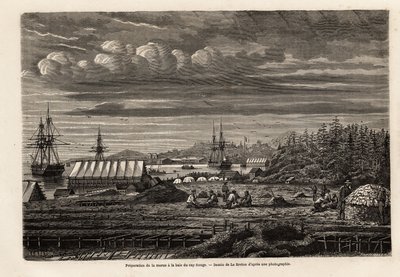 Tilberedning av torsk ved Cap Rouge-bukten, rensing av fisken og innsamling av lever for å utvinne olje fra streiken, deretter salting i hytta på stylter, tegning av Lebreton, for å illustrere reisen til Newfoundland i 1860 av A. de Gobineau. Gravering i " av Louis Le Breton