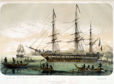 Die Astrolabe und die Zélée kommen in Noukahiva an, 19. Jahrhundert von Louis Le Breton