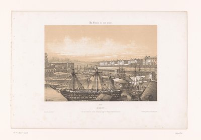 Utsikt over Arsenal ved havnen i Brest brest. Vue des Corderies hautes et basses, Bagne og Hôpital Clermontonnerre (tittel på objekt) Contemporary France (serietittel) La France de nos jours (serietittel på objekt) av Louis Le Breton