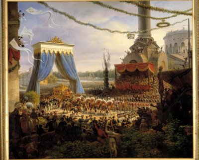 Entre de Charles X à Paris etter kroningen 6.06.1825. Den kongelige vognen ble ønsket velkommen ved Barriere de la Villette av det kommunale organet i Paris, med prefekten til avdelingen for Seine i spissen, greven av Chabrol, maleri av Louis Fra av Louis Lejeune