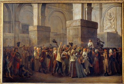Den franske revolusjon; “” Triumph of Marat”” Deputaten Jean Paul Marat (1743-1793) ble triumfert av folket etter hans frifinnelse av Revolutionary Tribunal i 1793. Maleri på maruflepapir av Louis Leopold Boilly (1761-1845) 1700-talls søn. 0,8x1,2 av Louis Leopold Boilly
