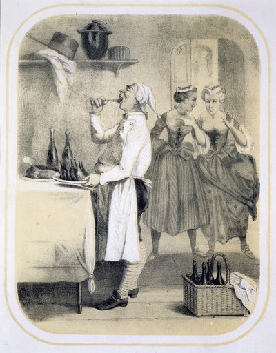 Gluttony in the Kitchen, fra en serie trykk som viser de syv dødssyndene, ca. 1850 av Louis Leopold Boilly