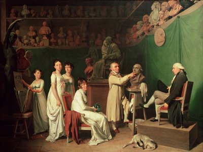 Jean Antoine Houdon (1741-1828) Skulpterer bysten av Pierre Simon (1749-1827) Marquis de Laplace i nærvær av hans kone og døtre, 1804 av Louis Leopold Boilly