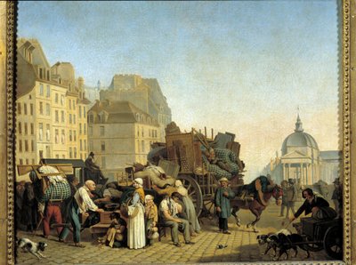 Parisiske erstatninger under et overnattingsskifte laster en vogn med forretninger og møbler i en gate i Paris. Maleri av Louis Leopold Boilly (1761-1845). 1840 Paris, Musee Cognacq Jay av Louis Leopold Boilly