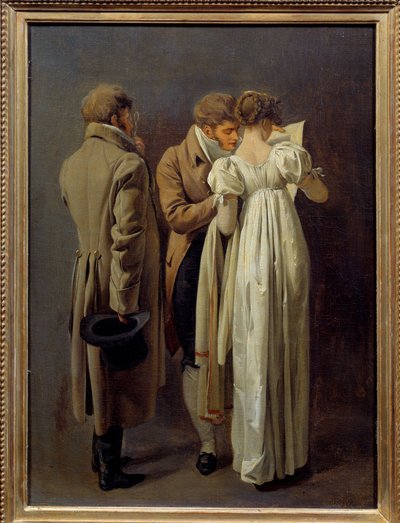 Trykkelskere Unge mennesker vetus i mote av det første imperiet vurderer et trykk. Maleri av Louis Leopold Boilly (1761-1845) 1810. Søn 0,32x0,24 m av Louis Leopold Boilly
