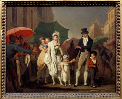 Bourgeois-dusjer på parisisk Premier Empire-mote beskytter seg mot regnet. Maleri av Louis leopold Boilly (1761-1845) 1800-tallets søn. 0,32x0,4 m - Regnskyllen. Parisere borgerlige kledd i First Empire-mote beskytter seg selv fr av Louis Leopold Boilly