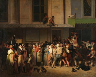 Inngangen til Théâtre de lAmbigu-Comique på dagen for et gratis show, ca 1819. av Louis Leopold Boilly