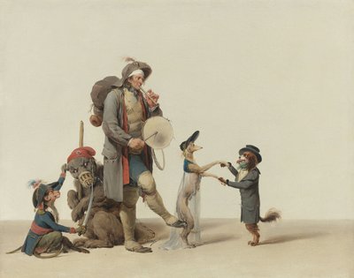 En dyretrener med dansende hunder, en bjørn og en ape av Boilly, Louis-Leopold (1761-1845). Olje på lerret, størrelse: 32,4x40,6 cm - Privat samling av Louis Leopold Boilly
