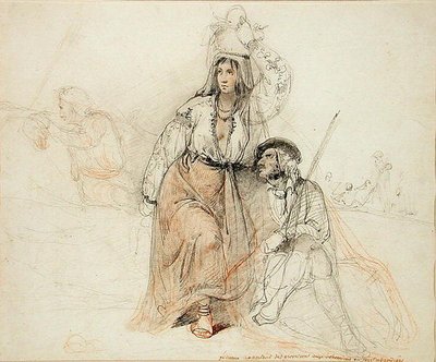 Kvinne som bringer proviant til bohemer og bråker (blyant og rødt kritt på papir) av Louis Leopold Robert