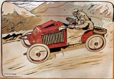 Bil: en racerbil. Marcel Renault (1872-1903) og Rene Vauthier krysser Alpene under løpet PARIS-VIENNA i 1902 i bil 147. Litografi av Louis Lucien Faure Dujarric (1872-?), 1900-tallet. Conservatoire national des Arts et Metiers, Paris av Louis Lucien Faure Dujarric