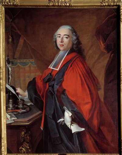 Portrett av en sorenskriver. På skrivebordet hans er det et krusifiks og en skrivenødvendighet. Maleri av Louis Tocque (1696-1772) av Louis Tocqué