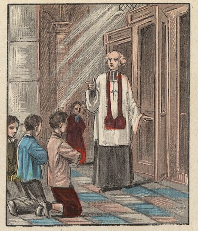 Forberedelse premiere nattverd - Katekismus - (Første nattverd) Første nattverd forberedelse - - Gravering fra “Religionslære ved øynene. Wonderful Album» av Louis Maitrejean og Georget Ramond - Frankrike 1910 av Louis Maitrejean