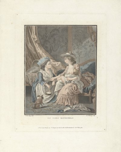 Mor med barn og hushjelp Les soins maternels (tittel på objekt) av Louis Marin Bonnet