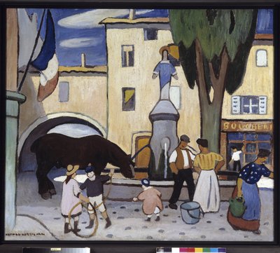 Trets-fontenen med en svart hest Maleri av Louis-Mathieu Verdilhan (1875-1928) 1900-tallet Obligatorisk omtale: Samlingsstiftelsen hilsen Provence, Marseille av Louis Mathieu Verdilhan