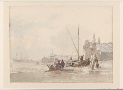 Strandscene med fiskere ved en båt i forgrunnen av Louis Meijer