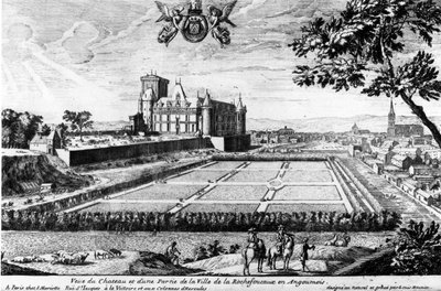 Chateau de la Rochefoucauld i Liancourt; gravering av Louis Menier - Familiearkiv. av Louis Meunier