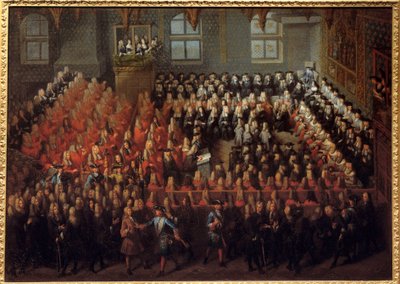 Rettferdighetsseng holdt av Ludvig XV (1710-1774) i Storkammeret i parlamentet i Paris for å bryte viljen til Ludvig XIV (1638-1715) av Louis Michel Dumesnil