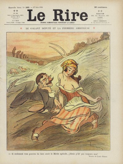 Den galante nestlederen og den ambisiøse gårdsjenta. Illustrasjon for Le Rire av Louis Morin
