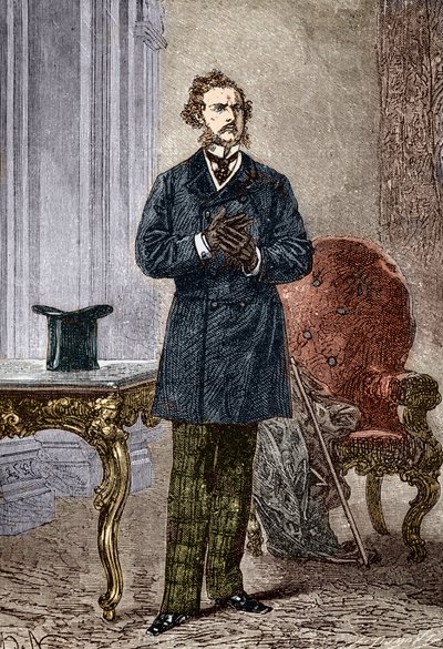 Portrett av Phileas Fogg, karakter av Le tour du monde en eighty jours”” roman d'aventures av Jules Verne illustrert av Louis Paul Pierre Dumont (1822-1882) i 1872 (Phileas Fogg fra frontispice av “Around the World in Eighty Days” ” av Jules Verne (182 av Louis Paul Pierre Dumont