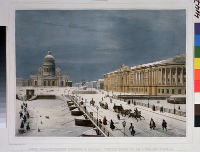 Isak-katedralen og Senatsplassen i St. Petersburg. Tegning av Louis Pierre Alphonse Bichebois (Louis-Pierre-Alphonse) (1801-1850). Litografi farget i akvarell, av Louis Philippe Alphonse Bichebois