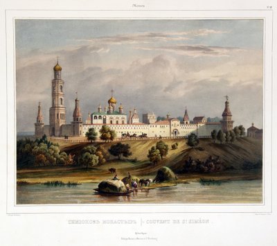 Klosteret Saint Simon (Simeon), Moskva (Utsikt over Simonov-klosteret i Moskva). Verk av Louis Pierre Alphonse Bichebois (1801-1850), gravering farget i akvarell, tidlig på 1800-tallet. Fransk kunst, landskap, klassisisme. Statens museum for AS av Louis Philippe Alphonse Bichebois