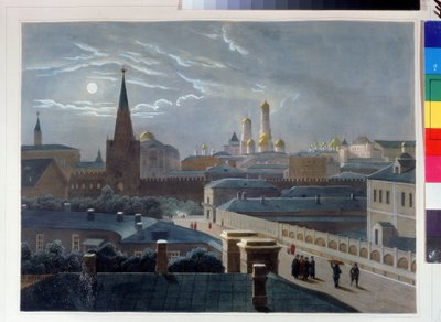 Utsikt over Kreml i Moskva. Tegning av Louis Pierre Alphonse Bichebois (1801-1850). Litografi farget i akvarell, ca 1830-1840, fransk kunst, klassisisme. A. Pushkin Memorial Museum, St. Petersburg. ©FineArtImag av Louis Philippe Alphonse Bichebois