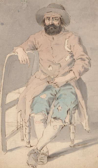 Mann i fillete klær sitter med høyre arm over en annen stol av Louis Philippe Boitard