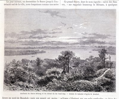 Sammenløpet av Mekong-elven og Lake Touli Channel - dask. Tegning av Sabatier ifølge Mr. Mouhot. “Tour du monde” av Louis Remy Sabatier