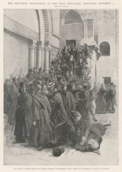 Den sekteriske forstyrrelsen ved Den hellige grav, Jerusalem, 4. november av Louis Remy Sabattier