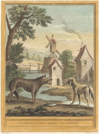 Ulven og den tynne hunden av Louis Simon Lempereur after Jean Baptiste Oudry