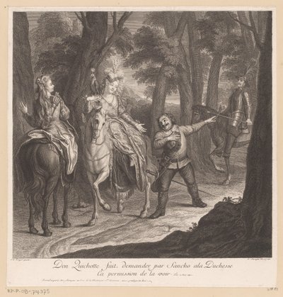 Don Quijote lar Sancho be hertuginnen om tillatelse til å se henne Don Quichotte fait demander par Sancho ala Duchesse ca permission de la voir (tittel på objekt) Historien om Don Quixote fra La Mancha (serietittel) av Louis Surugue