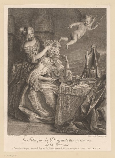 Hofdame hjelper gammel dame med å kamuflere aldringstegn La Folie pare la Décrépitude des adjustments de la Jeunesse (tittel på objekt) av Louis Surugue