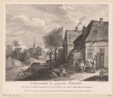 Flamsk landsbyscene med bønder som spiller et kortspill Delassement de paysans Flamands (tittel på objekt) av Louis Surugue