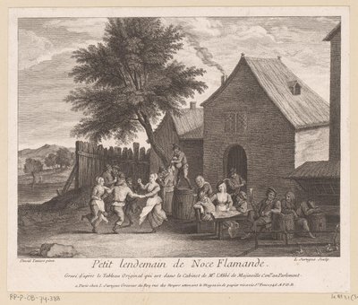 Flamsk landsbyscene med festselskap foran et vertshus Petit lendemain de noce Flamande (tittel på objekt) av Louis Surugue