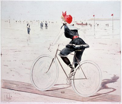 Kvinne på sykkel på stranden - tegning av L. Vallet av Louis Vallet