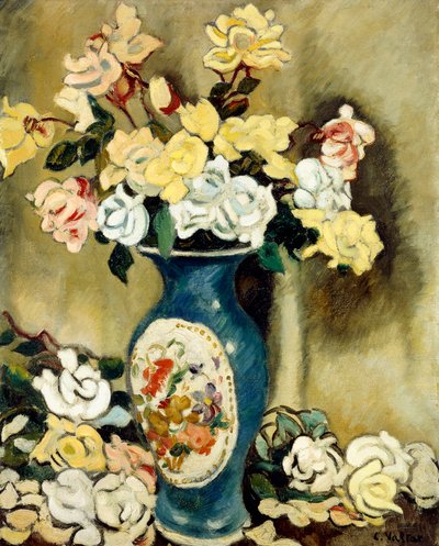Bukett med røde roser i en blå vase, ca. 1920 (olje på lerret) av Louis Valtat
