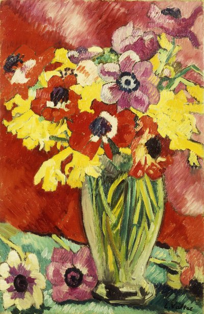 Krystallvase med anemoner og påskeliljer; Vase Cristal, Anemones og Jonquilles av Louis Valtat