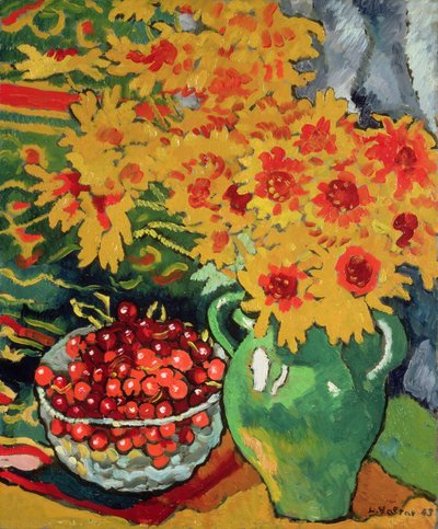 Gule blomster og en skål med kirsebær av Louis Valtat