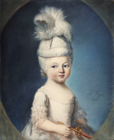 Portrett av Marquis de Fleury som et spedbarn i en polstret hatt, med en plym, holder en rangle med tannbiter i gull og koraller, 1762 av Louis Vigee