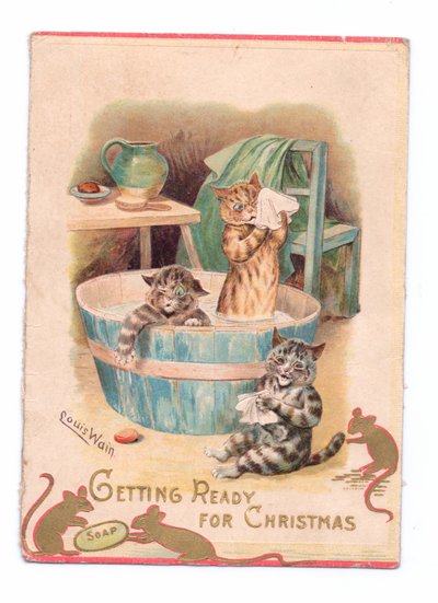 Et viktoriansk julekort med to katter i et badekar mens to mus leker med en såpe, ca. 1880 av Louis Wain