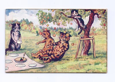 Et viktoriansk gratulasjonskort med eple som faller på to katter på en piknik, ca. 1880 av Louis Wain